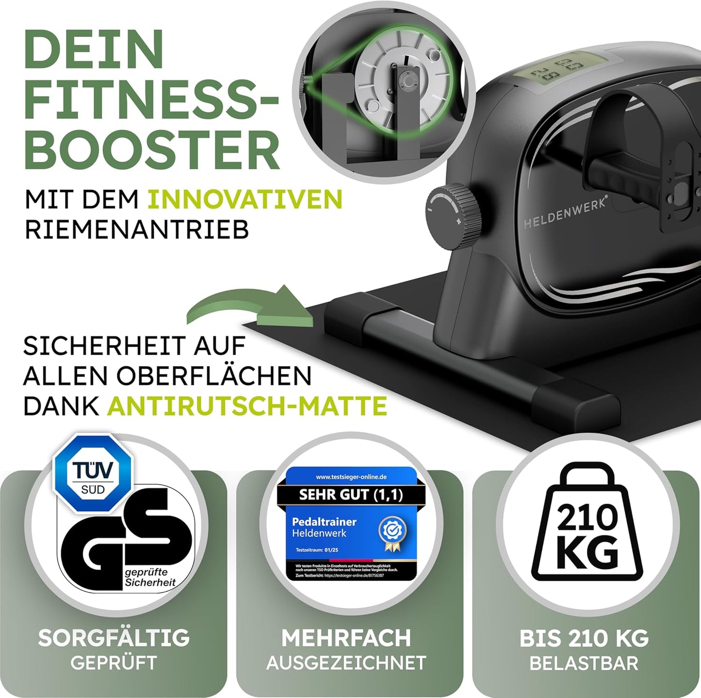 HELDENWERK - Pédalier - 40x35x30 cm - Acier et plastique noir - Sangle de fixation et tapis antidérapant inclus - Entraînement des bras et des jambes pour la maison - Vélo d'exercice idéal pour les personnes âgées - HW-PT-100