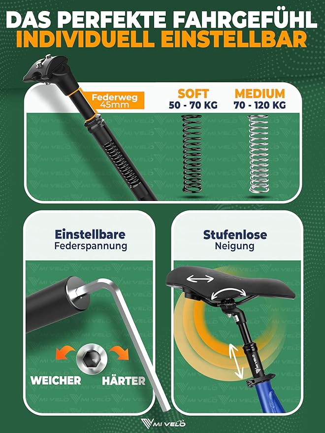 Tige de selle à suspension MIVELO - Réglable - Max. 120 kg - Ø30.9 mm - Noir