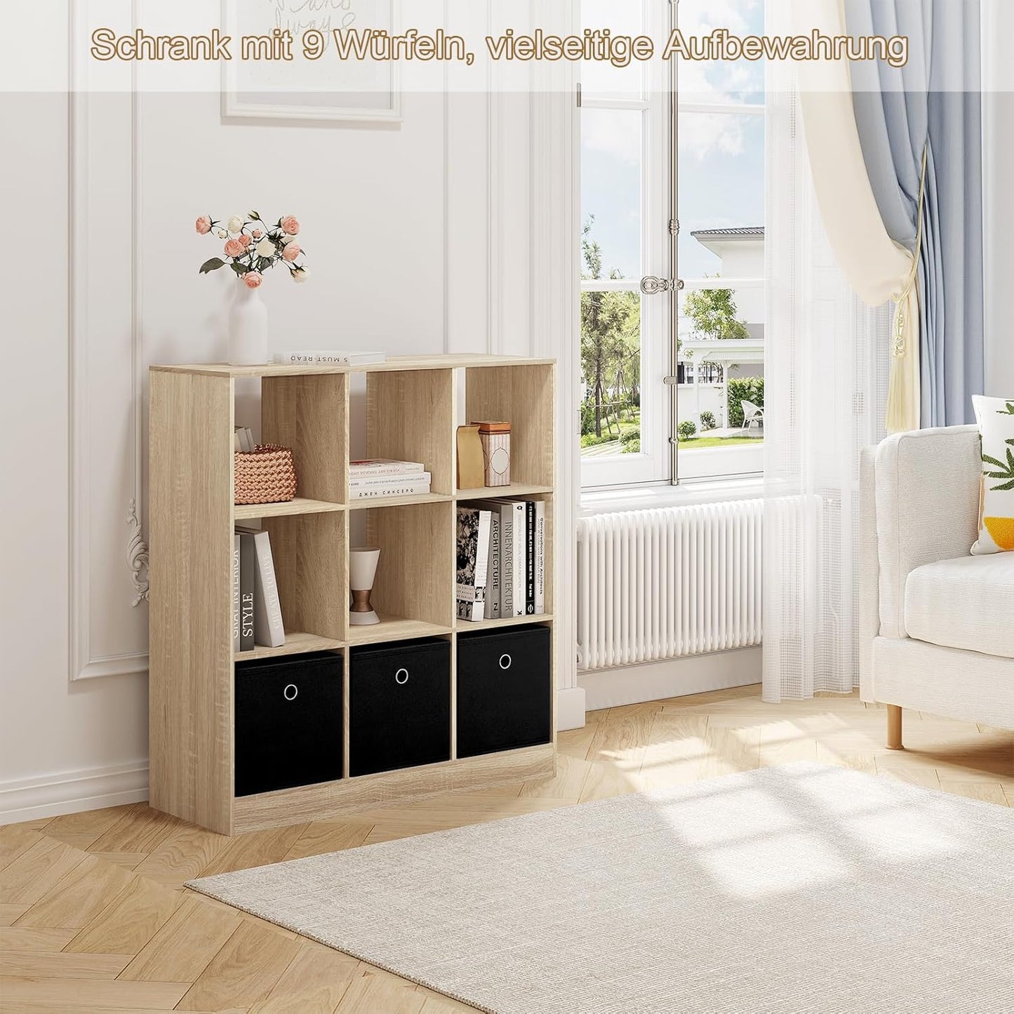 Woltu Bibliothèque 9 compartiments avec 3 tiroirs en tissu - Bois mélaminé chêne clair - 80x30x86.5 cm