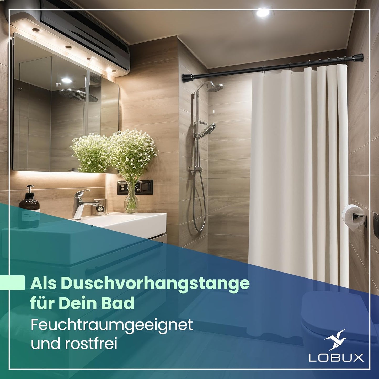 LOBUX® - Tringle à rideau sans perçage [noir, 260-350cm] - tringle télescopique extension de rideau - tringle de douche sans perçage - tringle à rideau, tringle à rideau de douche, tringle à linge, tringle de serrage filet de chat