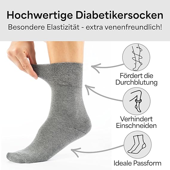 HELDENWERK Chaussettes diabétiques pour hommes et femmes, 10 paires, chaussettes diabétiques sans élastique et sans couture en 97% coton, chaussettes de santé extra larges avec bande confortable - Taille 39-42 - Gris