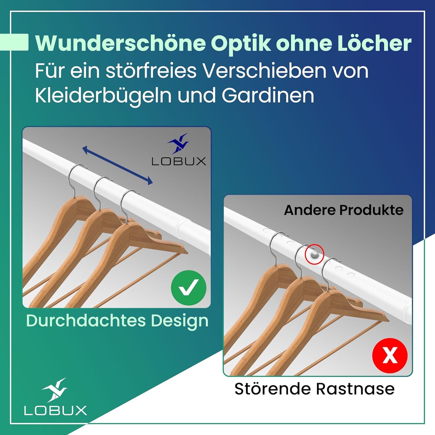 LOBUX® - Tringle à rideau sans perçage [blanc, 210-300cm] - tringle télescopique extension de rideau - tringle de douche sans perçage - tringle à rideau, tringle à rideau de douche, tringle à linge, tringle de serrage filet de chat