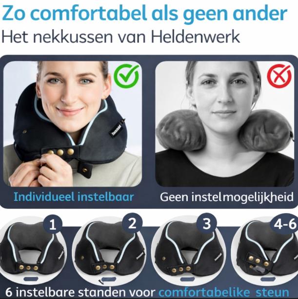 HELDENWERK - Coussin de cou et oreiller de voyage - Mousse à mémoire de forme gris foncé - Avec cordon de serrage ajustable et housse douce et veloutée - Confort ergonomique - Pour l'avion et la voiture
