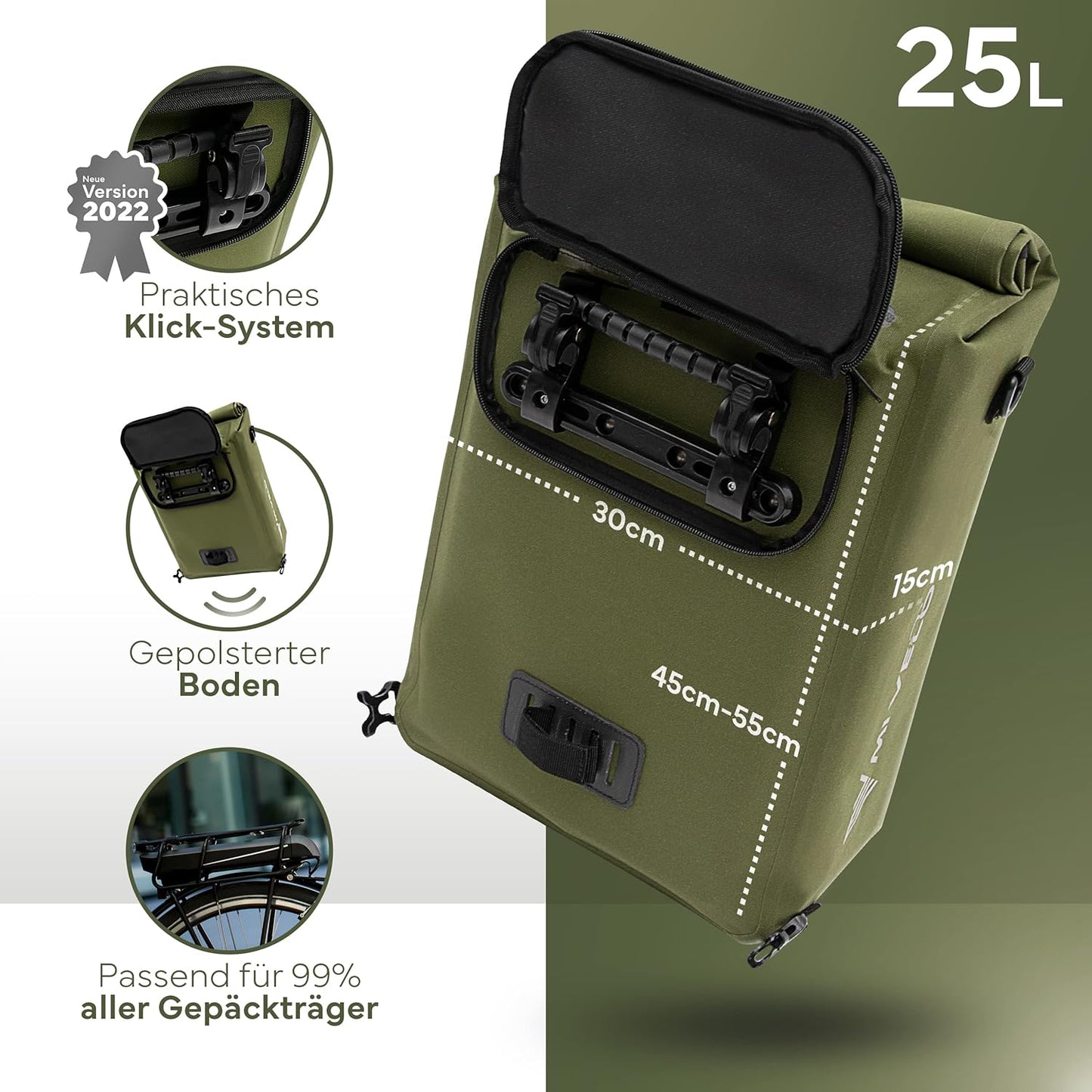 MIVELO Sacoche 3 en 1 pour porte-bagages - 100% étanche - sans PVC - Vert olive - 25L