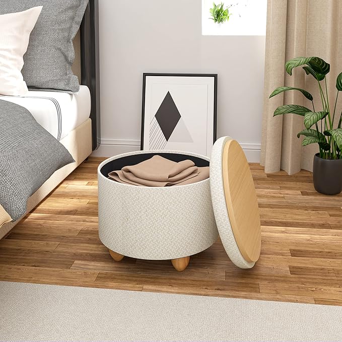 WOLTU pouf de rangement - pouf rond avec couvercle - lin crème blanc - 39 x 33 cm - pieds en bois