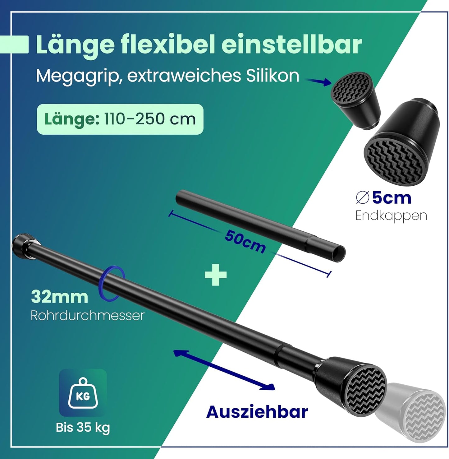 LOBUX® - Tringle à rideau sans perçage [noir, 110-250cm] - tringle télescopique extension de rideau - tringle de douche sans perçage - tringle à rideau, tringle à rideau de douche, tringle à linge, tringle de serrage filet de chat