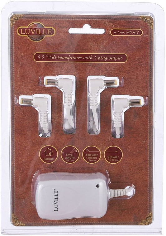 Adaptateur Luville « Village de Noël » 4,5 volts avec 4 fiches - Décorations de Noël d'intérieur - Décorations de Noël « Monde miniature » - Remplace le boîtier à piles - 7 x 4 x 5 cm - Blanc