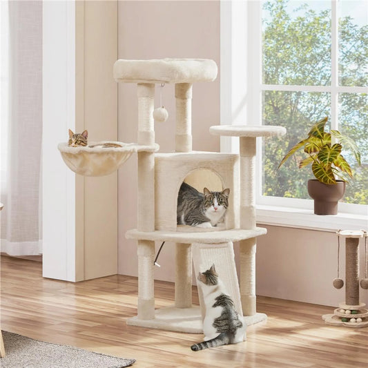 Yaheetech Griffoir moyen - 43,5 x 43,5 x 106 cm - avec plateforme d'observation généreuse, hamac et panier à chat avec 5 tiges en sisal - pour chatons et chats de taille moyenne - peluche beige et panneau d'aggloméré