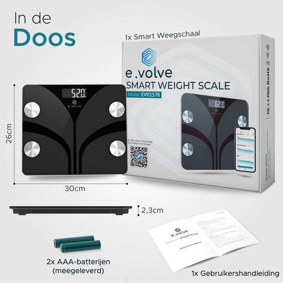e.volve Scale Pèse-personne numérique - 20x - Noir - Pèse-personne intelligent avec analyse corporelle - Pèse-personne de précision - App. incluse