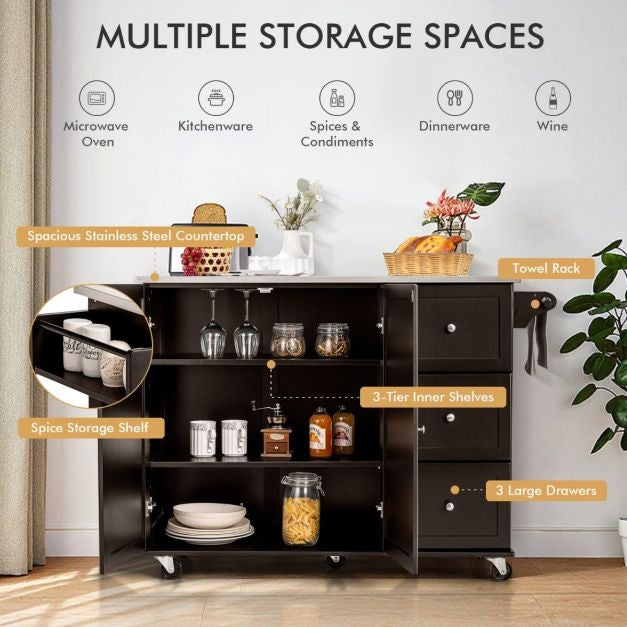 Coast Kitchen trolley chariot de service - acier inoxydable - îlot de cuisine avec 3 tiroirs - 135 x 45,5 x 91,5 cm - Brun/Blanc/Noir