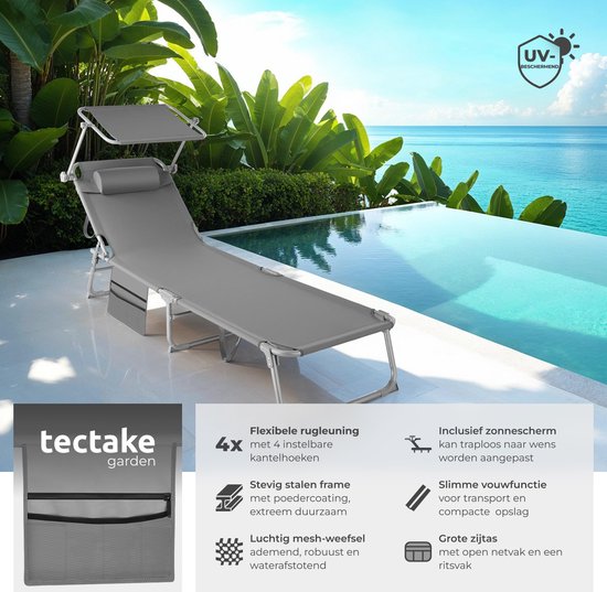 tectake® - bain de soleil bain de soleil - 4 positions, pliable - gris - 68 x 190 x 28 cm, avec poche latérale