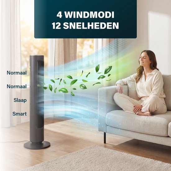 Ventilateur sur pied Princess DC 101 cm – Ultra silencieux – 12 vitesses – Oscillation – Minuterie 1 à 8 heures – Avec télécommande – Ventilateur sur pied – 50 W – Noir – 352390