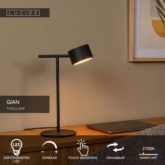 Lucide GIAN - Lampe de table - LED à intensité variable - 1x9 W 2700 K - Noir
