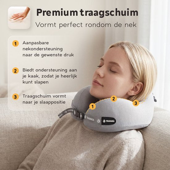 TRAVARA Oreiller cervical « The Airhugger » - Oreiller de voyage - Pour l'avion - Oreiller de voiture - Mousse à mémoire de forme - Combinaison de mousse gonflable et de mousse à mémoire de forme - Gris clair