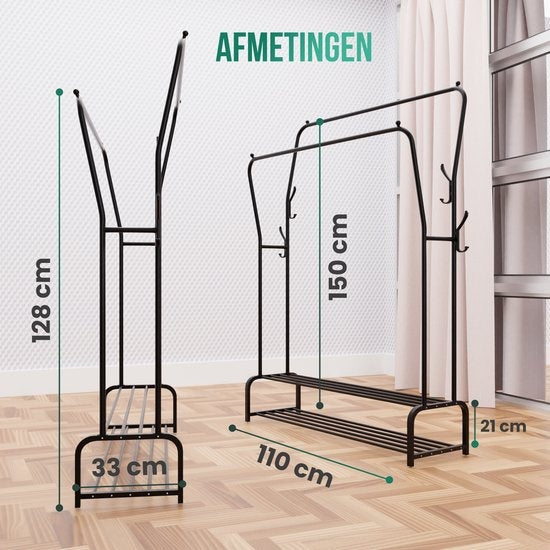 Avalo Industrial Clothes Rack Double Rod - Metal - 110x33x150 CM - Black - Storage For Shoes - Wardrobe Rack With Hooks