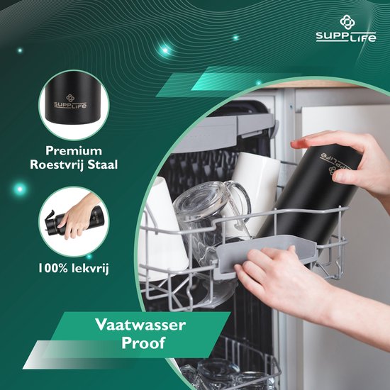 Supplife Luxe : bouteille isotherme / gourde en acier inoxydable - 1 litre - Sans BPA et étanche - Bouteille d'eau avec paille - Isolation à double paroi - Tasse isotherme - Bouchon verseur et bouchon avec paille - Brosse de nettoyage incluse - Noir