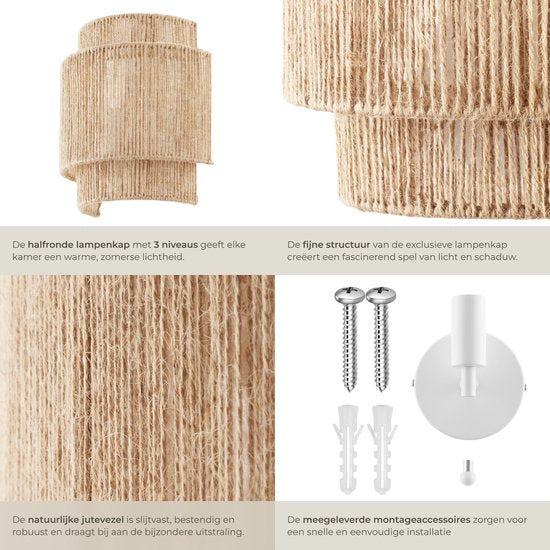tectake® Lampe murale Lignea Lux - 40W - 12 x 23 x 25,5 cm - E14 - Lampe murale pour le salon, la chambre à coucher, la salle à manger - Lampe en toile de jute de style boho - Eclairage d'escalier - Semi-circulaire