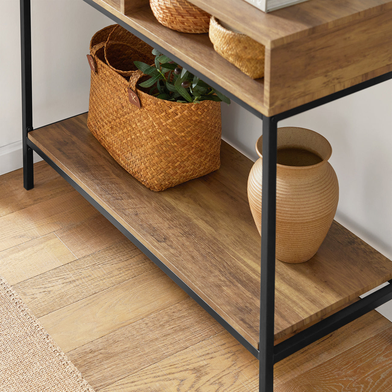 SoBuy Table d'appoint - 2 compartiments de rangement - Structure en acier - 100 x 40 x 80 cm - Bois/métal