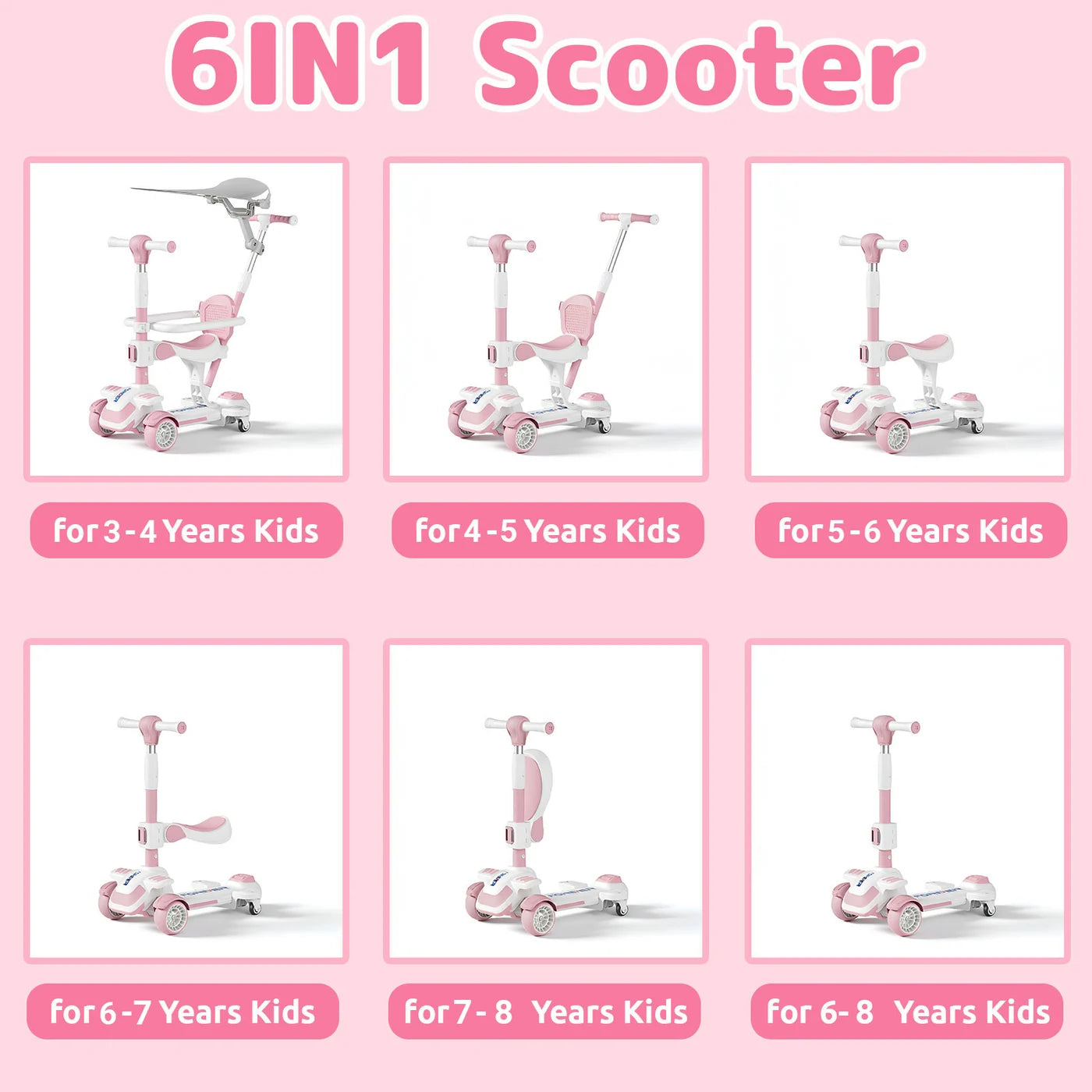 Trottinette pour enfants Neuleb à 4 roues - Siège pivotant - Réglable - Rose - De 3 à 8 ans