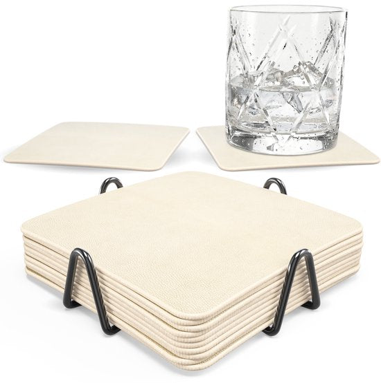 Sous-verres en simili cuir Castagnola – Sous-verres pour verres – Sous-verres design avec support – Lot de sous-verres en cuir avec support métallique – Cuir – Lot de 10 – Blanc cassé – 10 x 10 cm