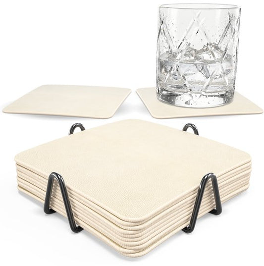 Sous-verres en simili cuir Castagnola – Sous-verres pour verres – Sous-verres design avec support – Lot de sous-verres en cuir avec support métallique – Cuir – Lot de 10 – Blanc cassé – 10 x 10 cm