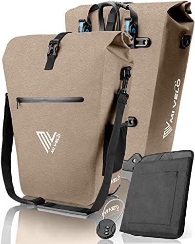 Sac de vélo MIVELO pour porte-bagages - 100 % imperméable, sans PVC, compartiment pour ordinateur portable, beige sable