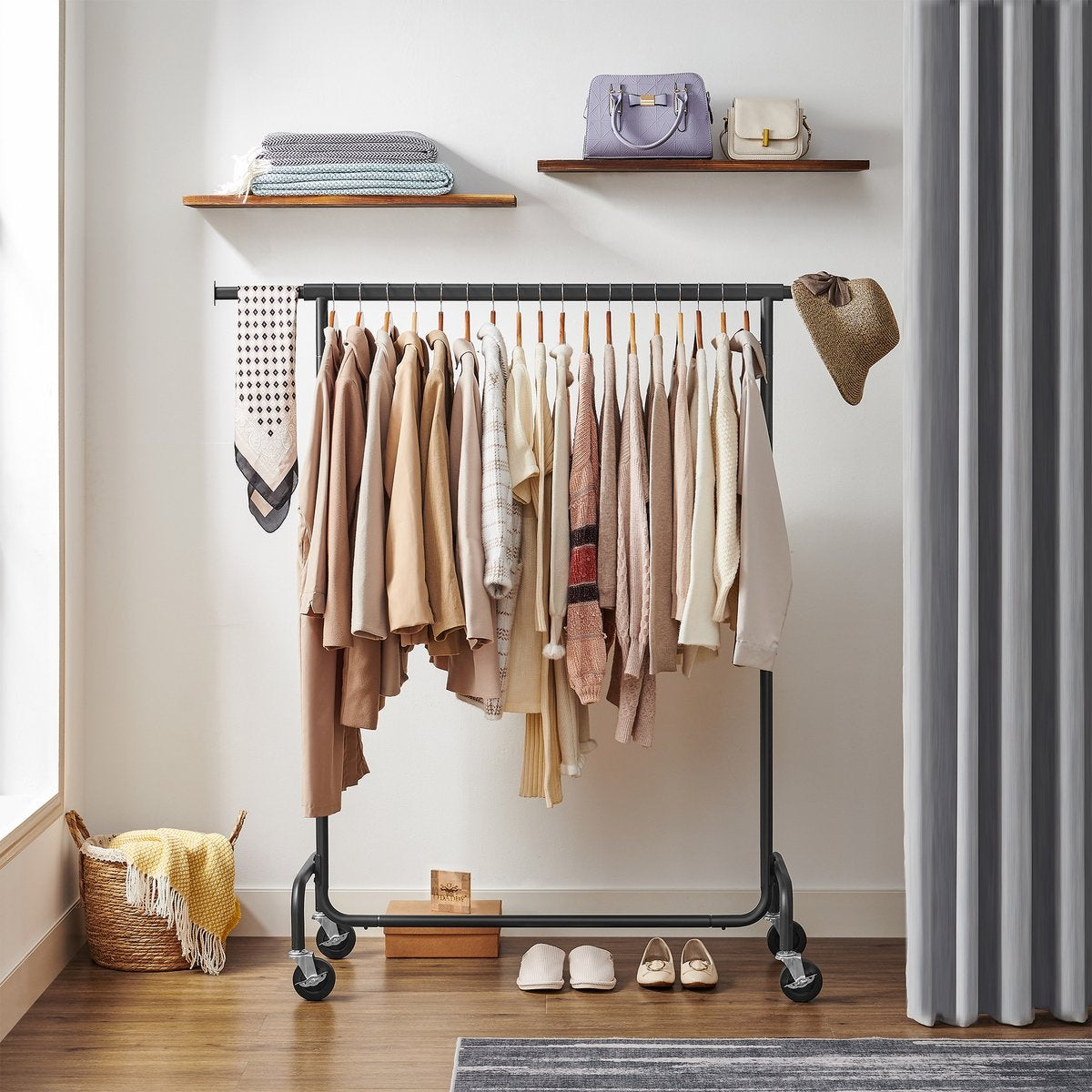 O'DADDY® Porte-vêtements à roulettes - Porte-penderie - Tringle de suspension extensible - Design robuste - Stable jusqu'à 130 kg - Métal - Noir