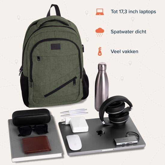 TRVLMORE Sac à dos - 28L - 15.6 inch - Sac à dos pour ordinateur portable - Sac d'école - Unisexe - Vert résistant aux éclaboussures