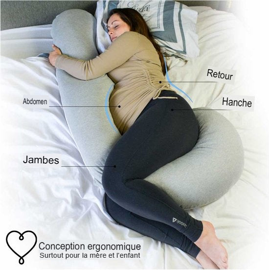 Oreiller de grossesse - Ella - forme de J - 3.1 kg- lavable à 30 degrés - Gris