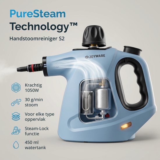 Joyware® Nettoyeur vapeur 18-en-1 S2 – Nettoyeur vapeur à main avec Steam Lock – Nettoyeur de tapis et détachant pour canapés, salles de bains et tissus d'ameublement – Nettoyeur vapeur – 1 050 W – 450 ml