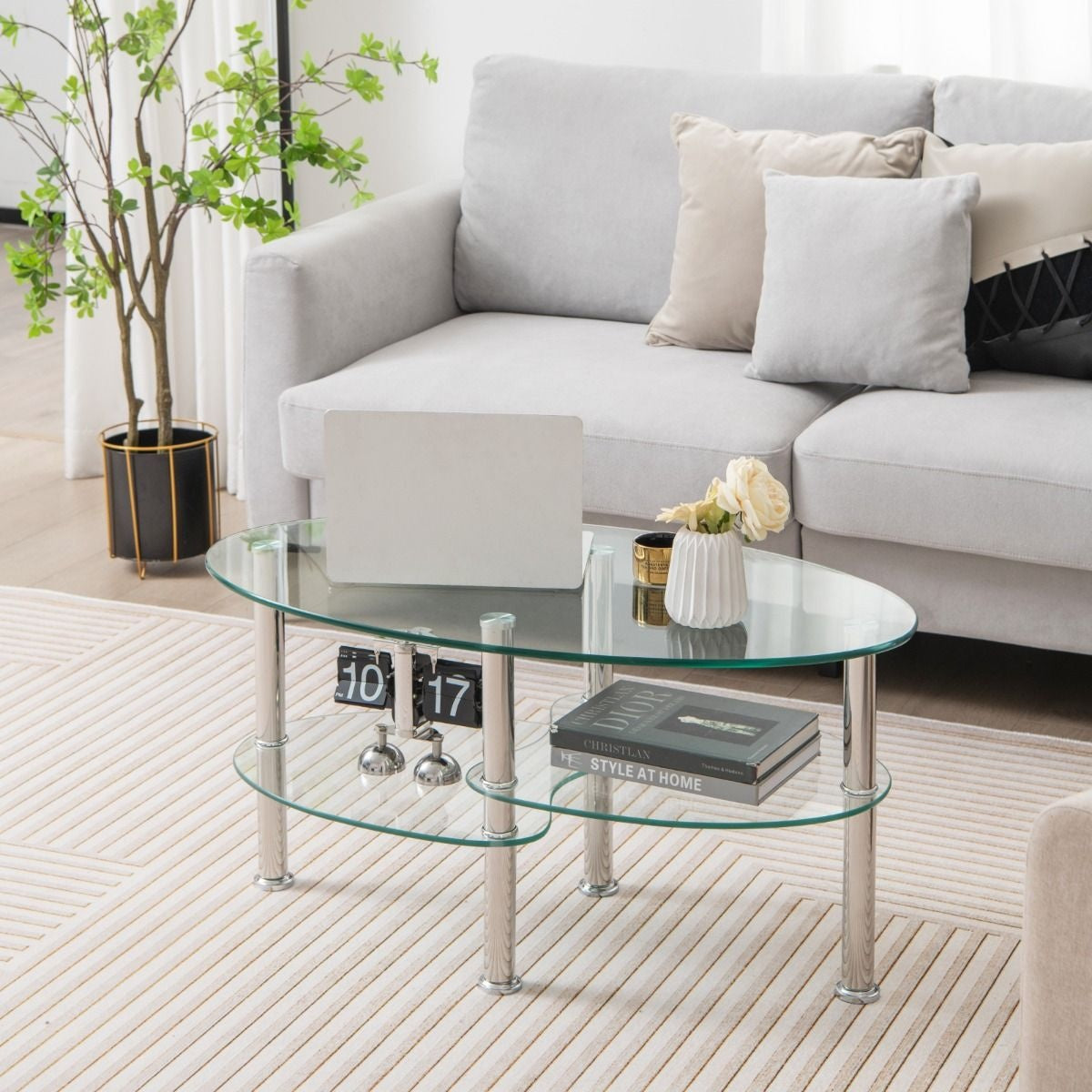 Table basse Coast - 3 couches - Verre trempé - Moderne - 89 x 50 x 45 cm - Blanc