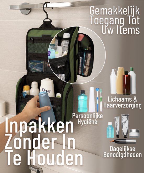 Trousse de toilette D&D Wanderlust avec crochet - Organiseur de voyage de luxe à suspendre avec 10 compartiments - Vert - Unisexe (femmes et hommes) - Capacité de 6 litres - Grande trousse de toilette de voyage à suspendre - Trousse à maquillage