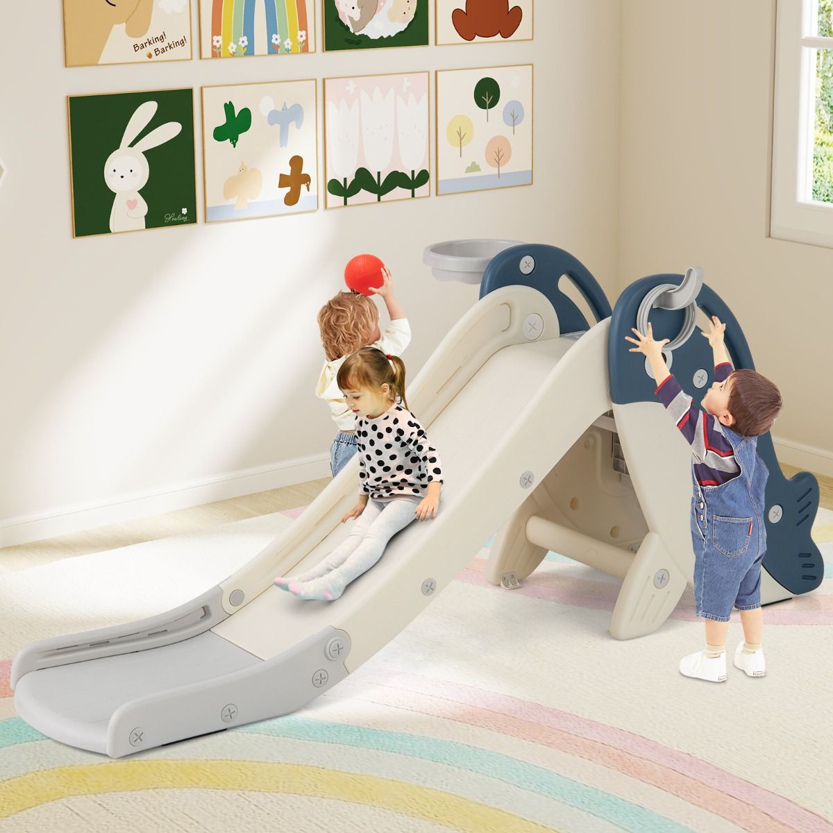 Toboggan pour enfants Coast avec panier de basket et jeu de lancer d'anneaux - Ensemble de jeu pliable - Motif baleine - Bleu