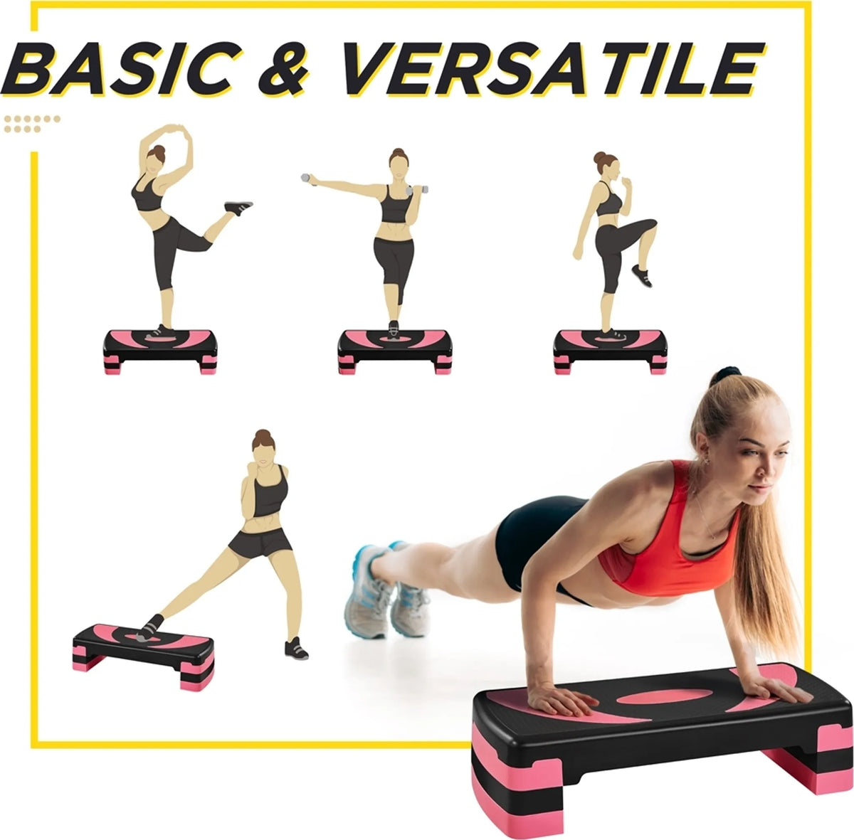 Yaheetech Aerobic Stepper Adjustable - 79,5 x 30 x 20 cm - 3 hauteurs réglables, surface antidérapante et pieds de protection en caoutchouc - pour la gym à domicile et l'entraînement physique - plastique noir et rose