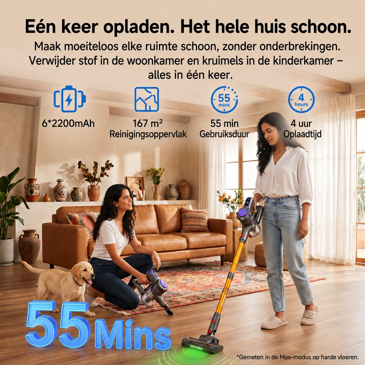 Aspirateur balai sans fil Monsga ME03 - 550 W - 55 kPa - Autonomie de 55 min - 1,2 kg - Brosse anti-enchevêtrement - Batterie amovible - Voyant lumineux vert