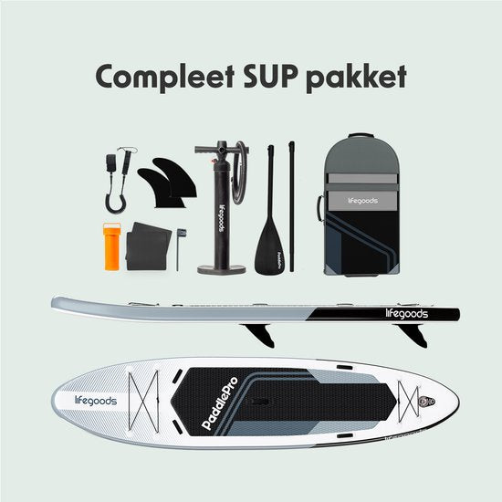 LifeGoods SUP Board Tandem - 2 personnes - capacité de charge 220 KG - 381 x 86 cm - gonflable - paquet Sup complet - blanc/noir