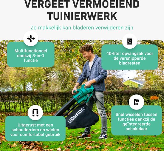 Souffleur de feuilles - Vonroc - 3300W - Vitesse 270 km/h - Broyage intégré - Sac 40L - Noir/Vert