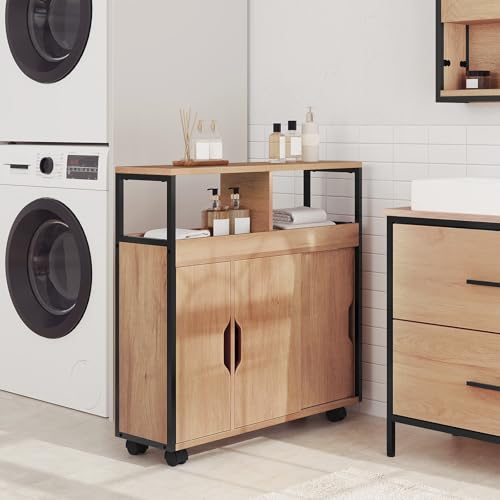 Eugad Meuble de salle de bain étroit avec 2 compartiments ouverts et étagère réglable Chêne noir clair 70 x 71,5 x 20 cm