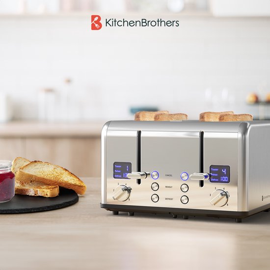 KitchenBrothers Toaster - Grille-pain - 6 niveaux de chaleur - 4 fentes extra-larges - 1630W - inox/Argent