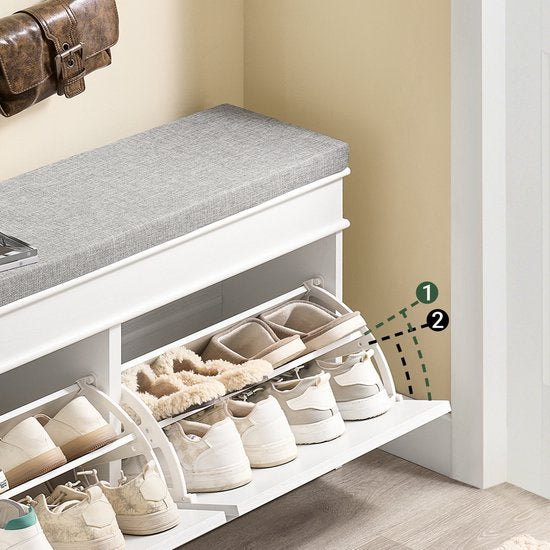 SoBuy FSR64-WG Meuble à chaussures, banc à chaussures, chaussures, entrée, 2 abattants avec coussin amovible, boîte de rangement, étagère pour entrée étroite, 104 x 24 x 51 cm, effet bois antique, blanc
