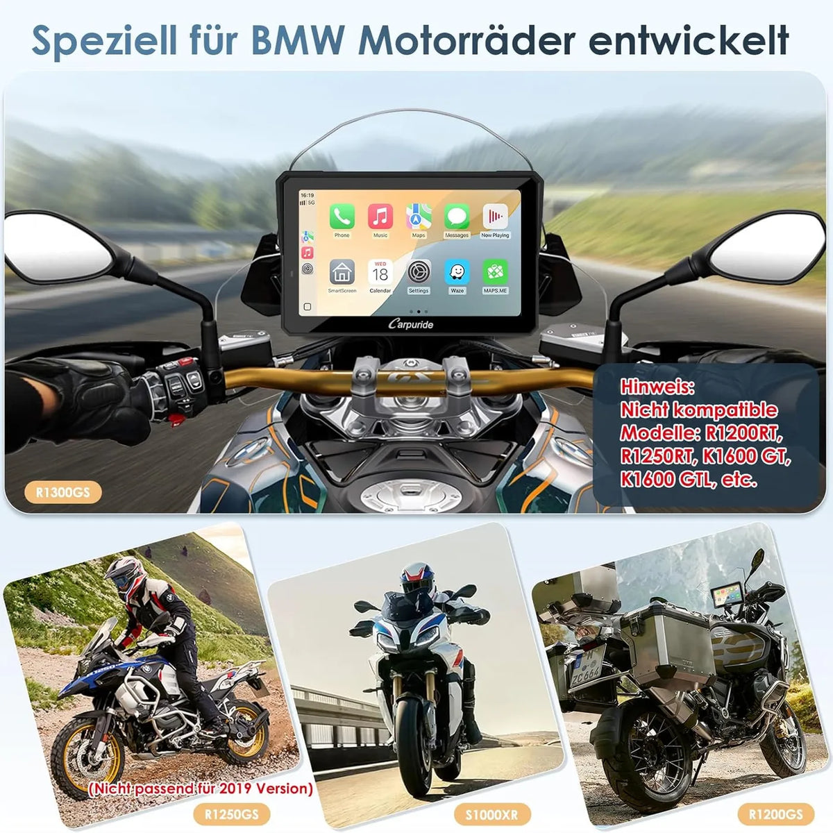 Écran CarPlay pour moto Carpuride W702BS Pro 7 pouces - BMW Wonderwiel - CarPlay et Android Auto sans fil - Étanche - Noir