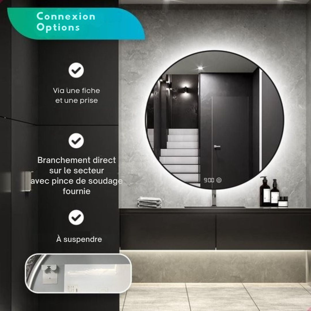 Miroir de salle de bain Mirlux - Eclairage et chauffage LED - Anti condensation - mural rond - 80CM - Noir mat