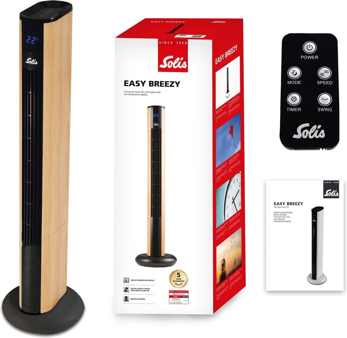 Ventilateur Solis Easy Breezy 757 - Ventilateur sur pied télécommandé - Fonction minuterie - 44.8 dB - 91 cm de haut - Effet bois