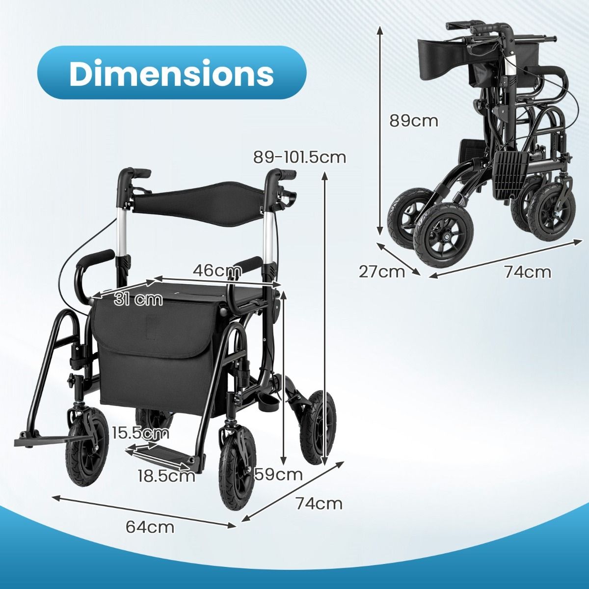 Rollator et fauteuil roulant 2-en-1 Coast - pneus gonflables - réglable en hauteur sur 6 positions - noir