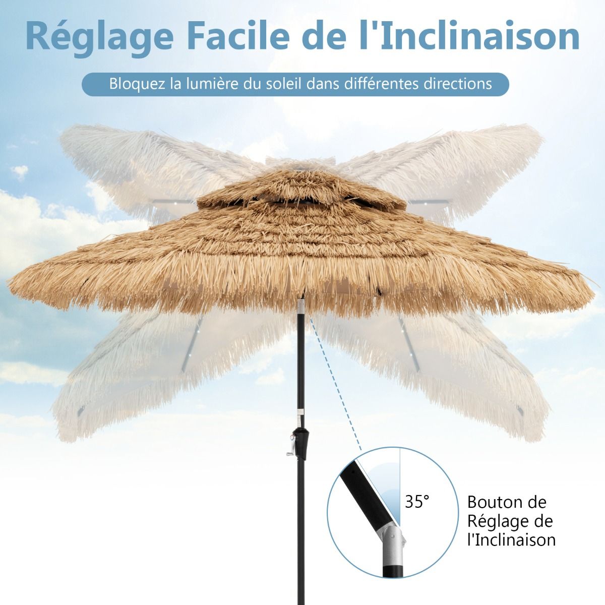 Parasol Coast Wicker - 32 LED Lights - Inclinable - Hawaii Style - 270 x 270 x 256 cm