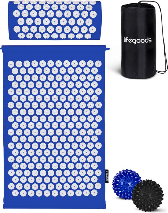 LifeGoods Tapis d'acupression avec coussin - Tapis Shakti - Tapis pour ongles avec 2 balles pour points de déclenchement - 66x40x2cm - Bleu/Blanc