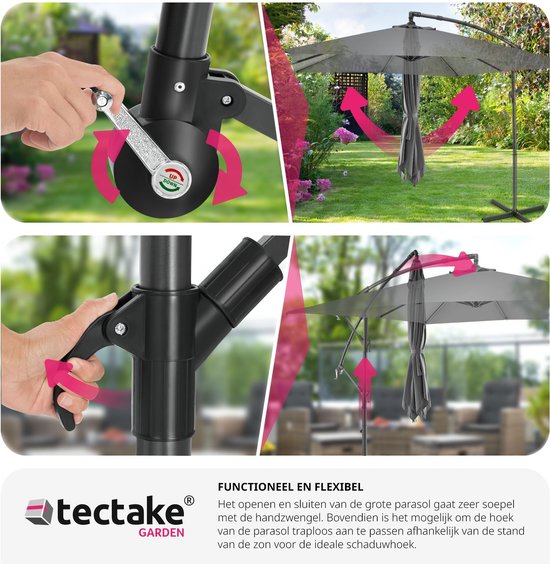 tectake® - Parasol Apollon square 250 x 250 cm - Avec protection contre le vent et housse de protection - gris