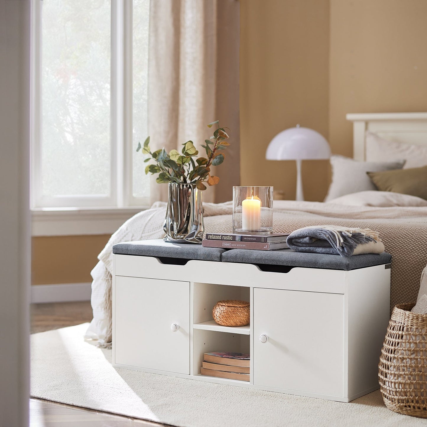 Banc SoBuy, Banc à chaussures avec 2 armoires, 100 x 34 x 48 cm, Blanc/ Gris