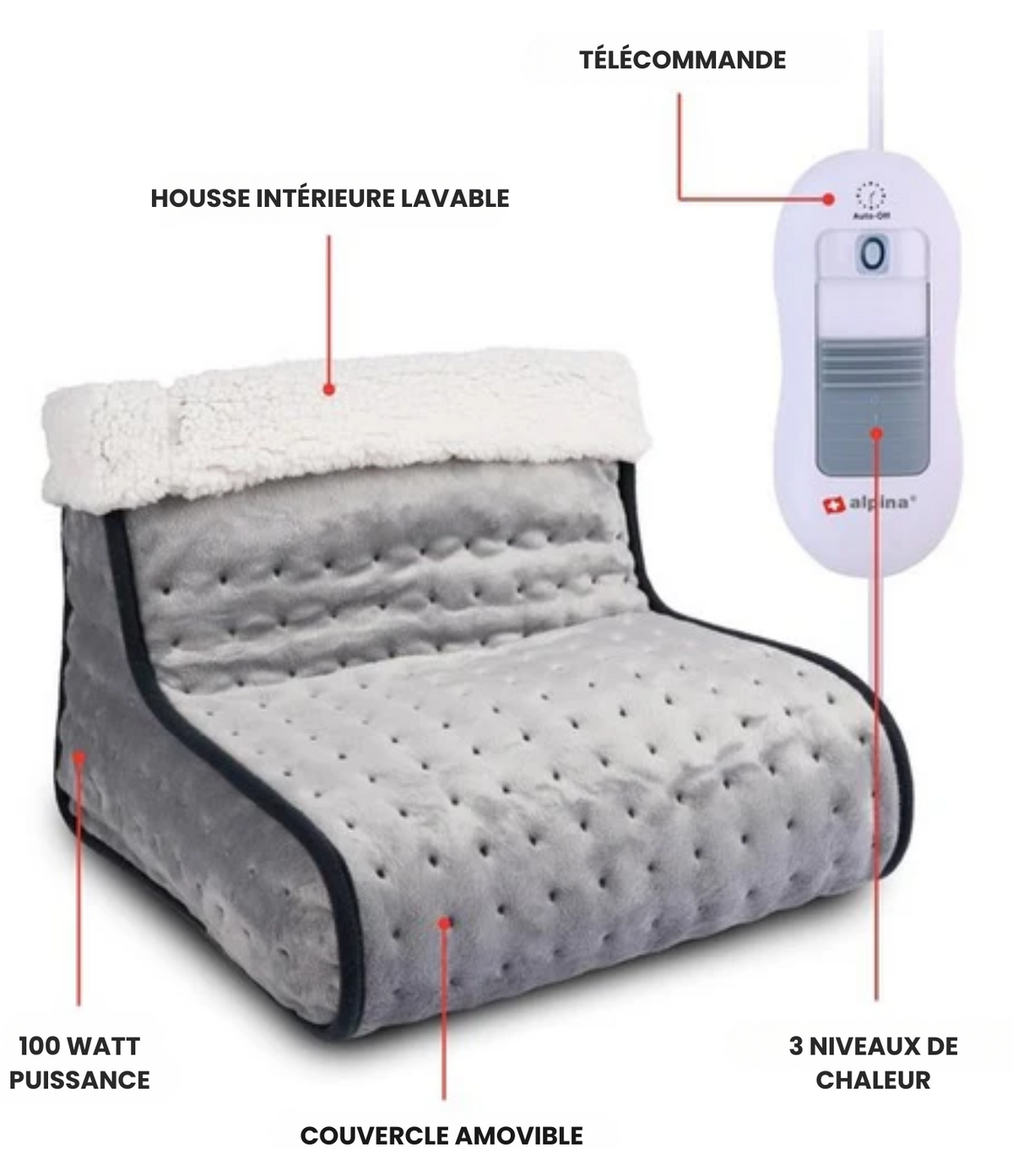 Coussin chauffant - Alpina - Chauffe-pieds électrique - Housse intérieure lavable - 3 niveaux de chaleur - Gris