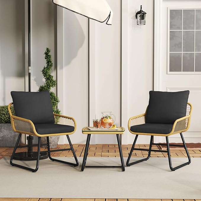 Ensemble de jardin Yaheetech 3 pièces style bistrot - Beige/Noir - Ensemble de jardin en rotin avec table en verre et 2 chaises